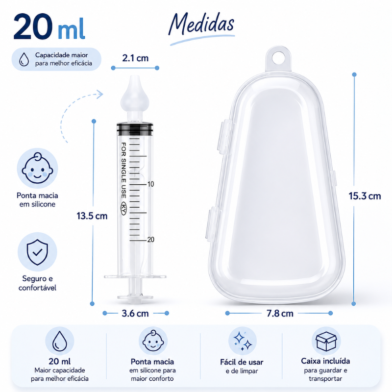 Seringa de Limpeza Nasal 20ml para Bebé – Lavagem Mais Eficaz e Confortável
