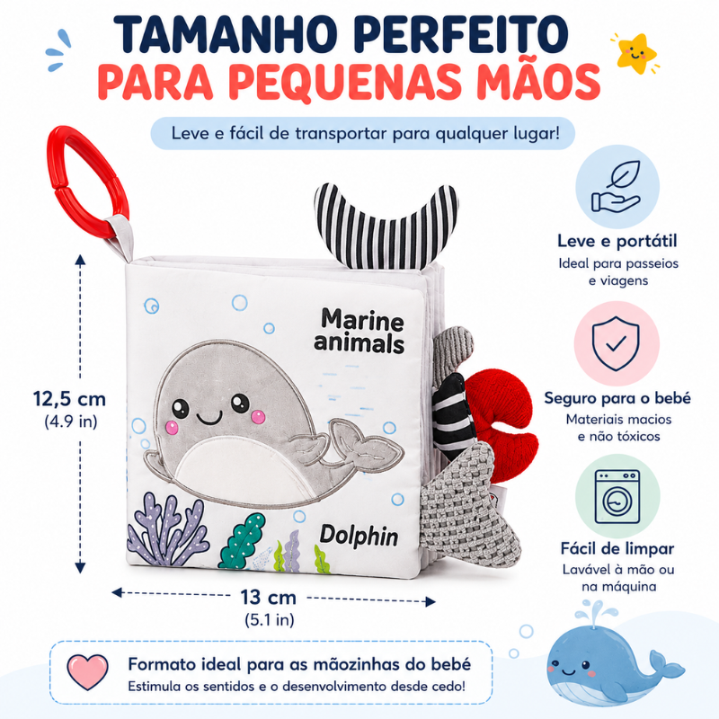 Livro Sensorial para Bebé em Tecido – Elefante & Animais Marinhos